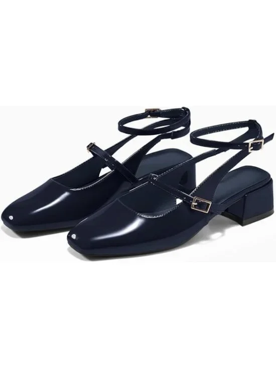 Women's Mary Jane Chunky Low Heels Closed Square Toe Ankle Strap Pumps Navy - Picture 3 of 4